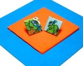 TMNT Leonardo Stud Earrings. Comic Capture. Ninja Turtle Comic Collage. Wood Base. Nickel Free.