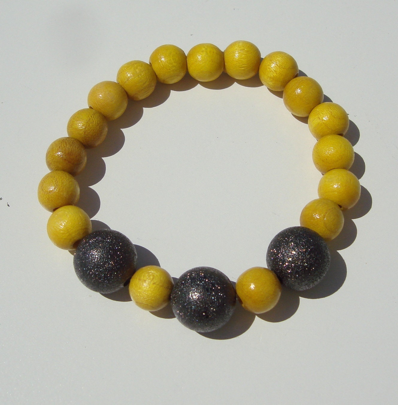 Handmade Yellow wood bead bracelet with  grey glittery  beads