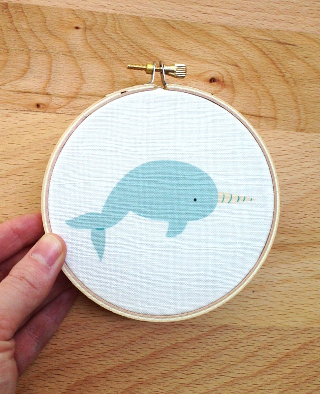 Limited Edition 4 inch Hoop Art Narwhal cute totem woodland animal nursery home decor baby childrens gift under 20 teal mint blue