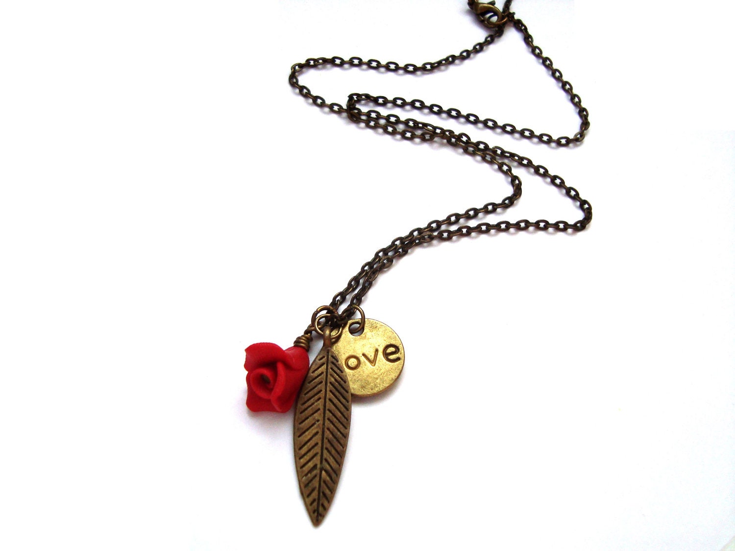Love Necklace. Polymer Clay Red Rose Necklace. Charm Necklace. Leaf Necklace. Friendship Bridesmaid Gift