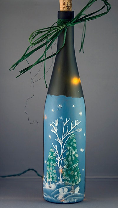 Recycled Lighted Wine Bottle, Hand Painted Winter Scene, Christmas Decoration, Glitter Trees, Accent Lamp, Night Light, Frosted Glass