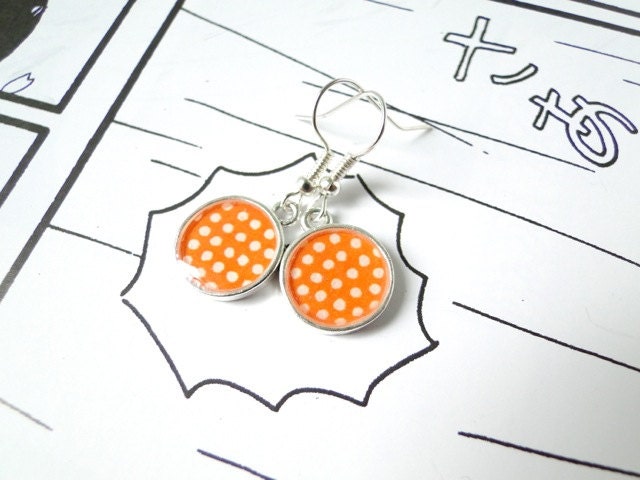 Orange Earrings, Polka Dots, Resin Jewelry, Japanese Yuzen Chiyogami Washi, Origami paper, Silver Plated, Gift under 15, Ready to ship