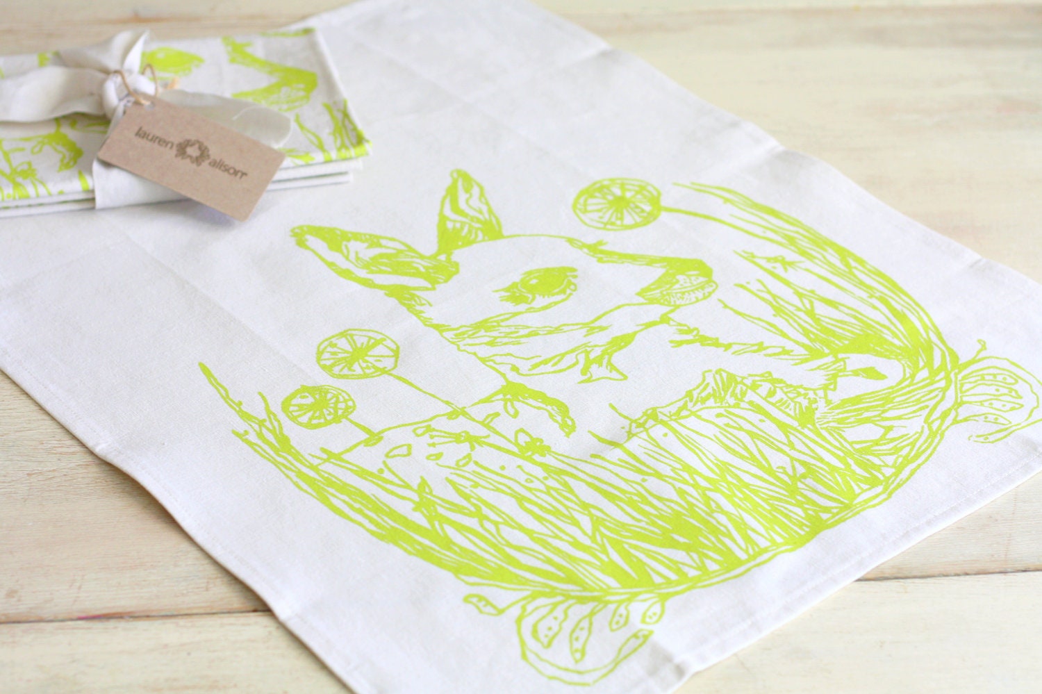 Dish Tea Towel Kitchen Deer Fawn Baby Nature Green Lime Chartreuse Cloth Linen Hand-Printed Screen Print Hostess Gift Single Towel