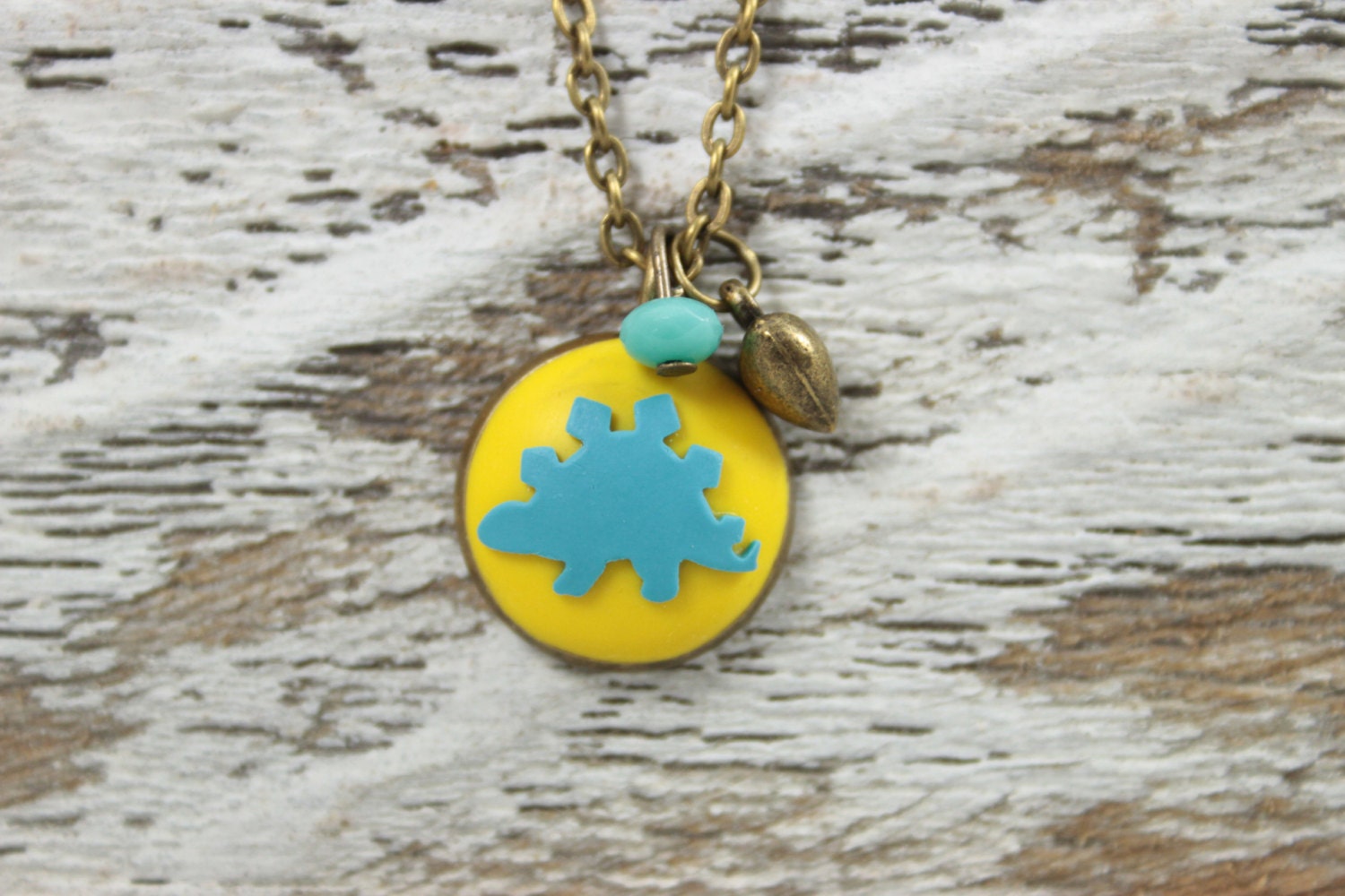 GO LUCKY STEGOSAURUS Necklace - Best Friend - Sister - Bff - Friendship - Light Blue and Yellow Dinosaur Necklace by Blissful Bird Studio