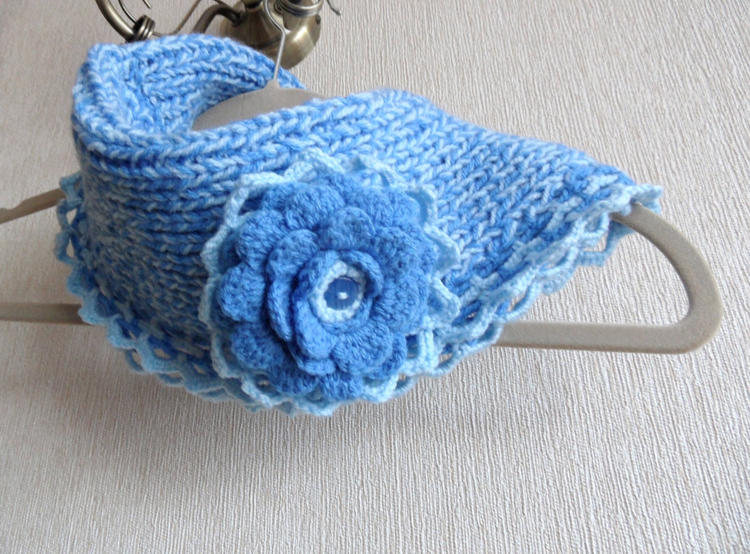 Knitted Crochet Cowl - Neckwarmer - Infinity Scarf with Detachable Flower Brooch