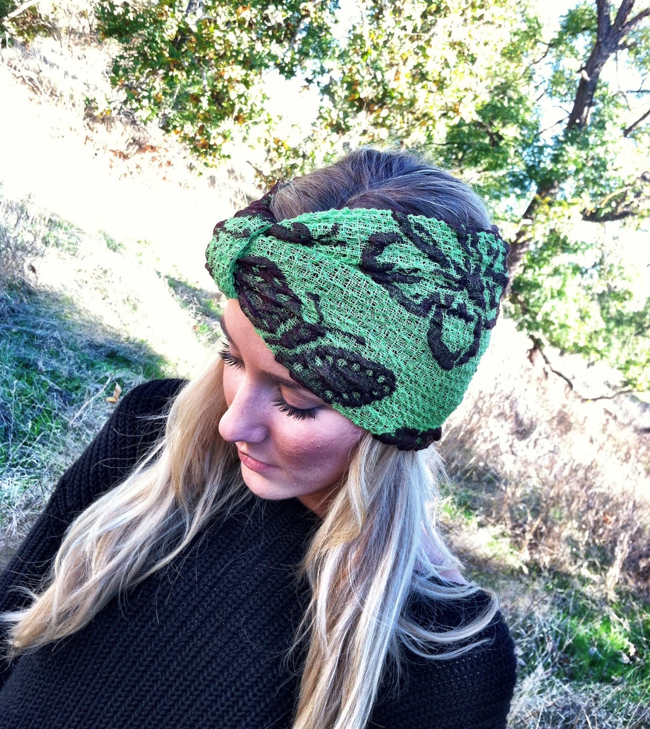 Turband Headband Green & Brown Butterfly Stretchy Knit Wide Hair Wrap Head Covering Doubles as Neck Warmer
