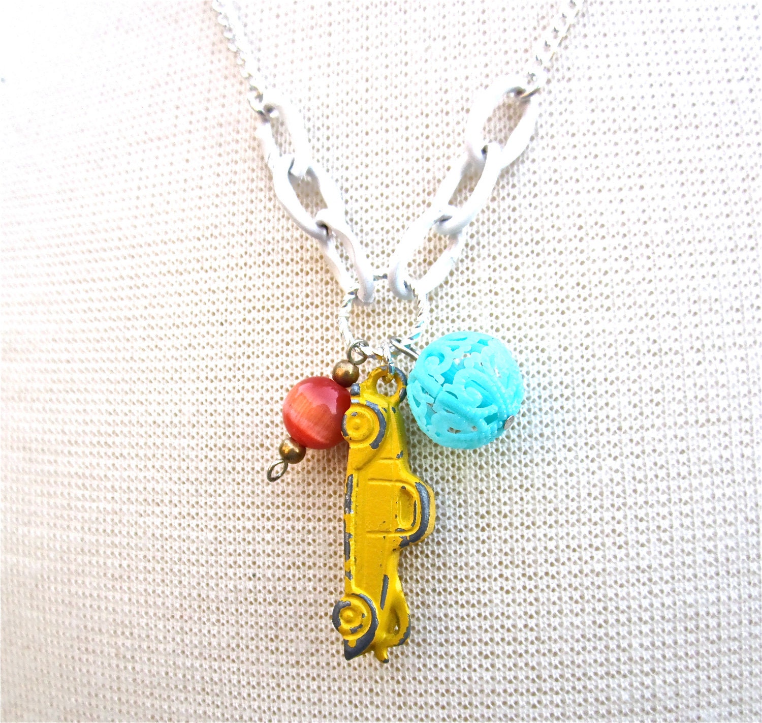 Vintage Toy Car Charm Necklace Stocking Stuffer Shabby Chic Girl 30's Necklace Yellow Aqua Orange Silver Crack Jack Car - Keep Drivin'