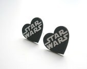Star Wars Stud Earrings, Laser Cut Heart Stud, Engraved Star Wars Logo