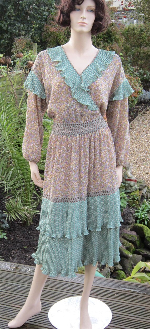 Vintage 80s fabulous Diane Freis georgette frilled pleats layer dress, Bust 44" XL Plus size