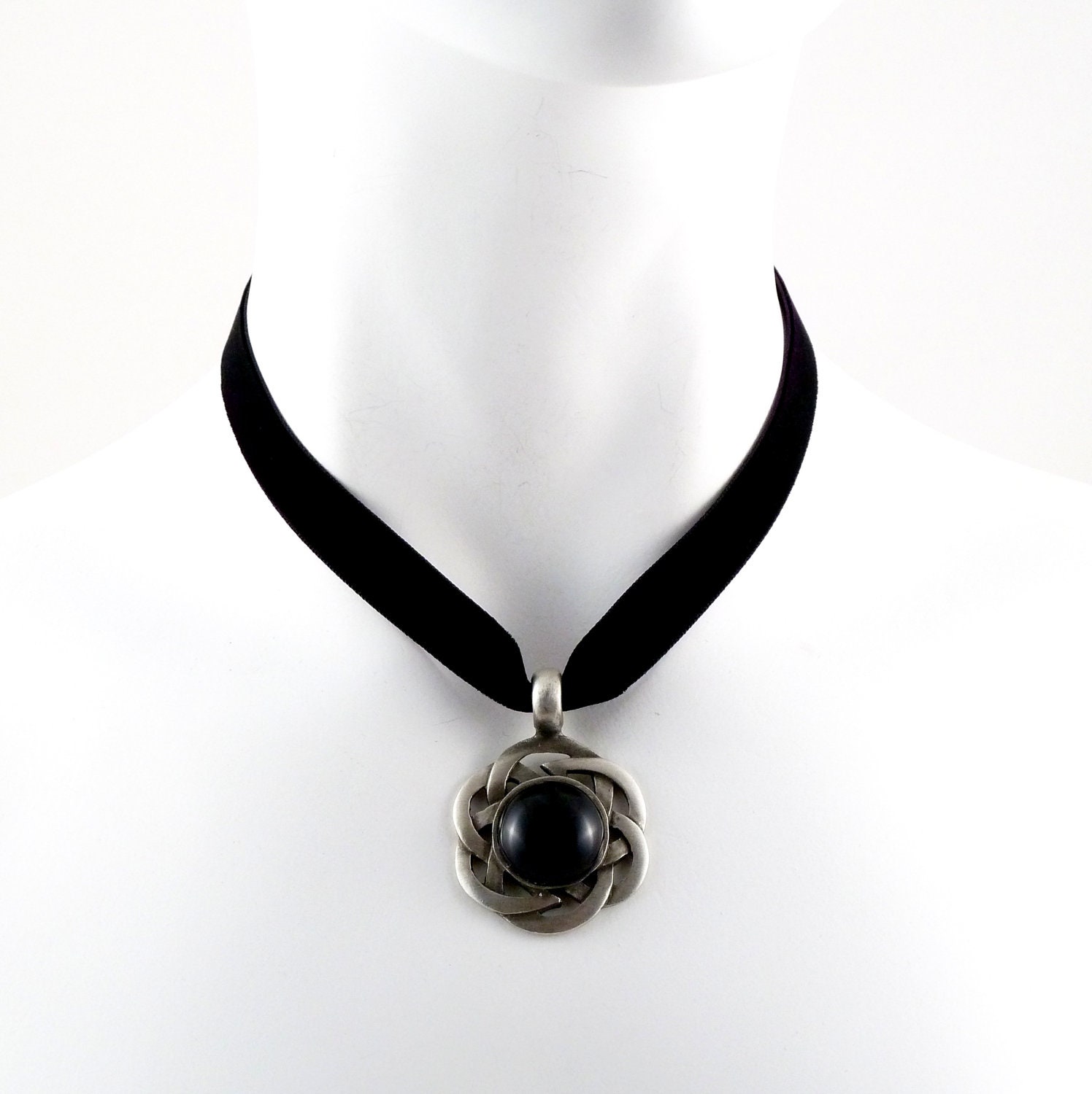 Pewter Pendant Celtic Knot with Black Onyx Stone Cabochon on a Velvet Necklace - Goth, Gothic, Women, Men, Jewelry