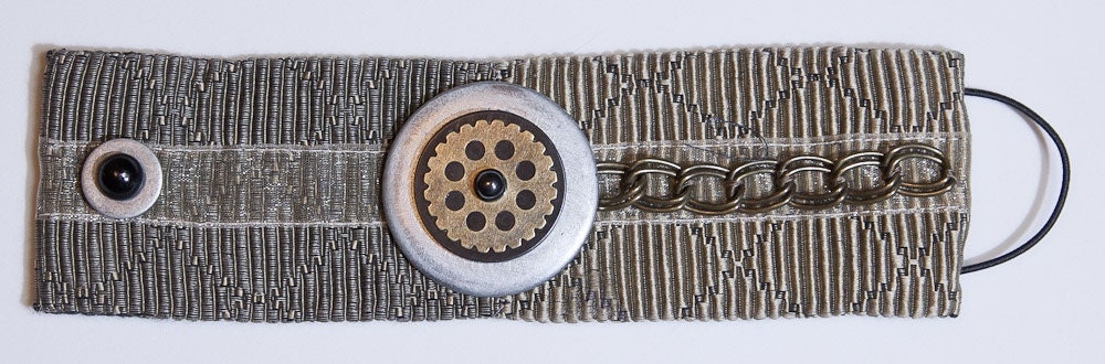 Handmade Mixed-Media Industrial Bracelet Cuff with Designer Fabric, Ribbon, Chain and Metal Found Objects