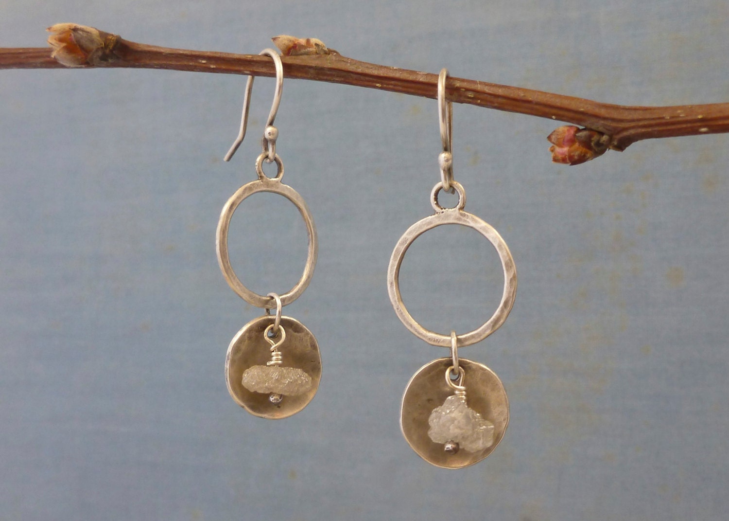 rough diamond - Lantern earrings - sterling silver - everyday - modern earrings