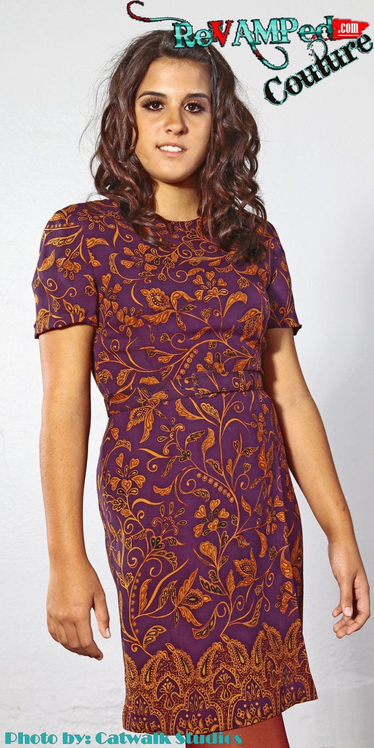 Talbots Petite Pure silk 90s vintage eggplant SS dress whimsical size 4 gold classic office