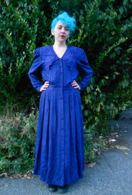 Vintage 1980s Blue Indigo Long Sleeve Dress with Collar by Karin Stevens size M/L
