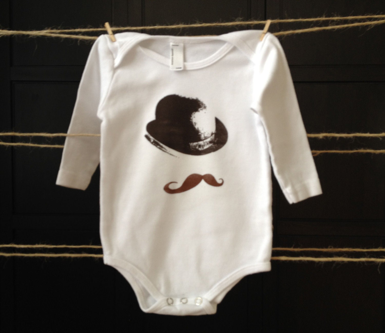 English Dandy Moustache and Bowler Hat - Hand printed baby onesie design