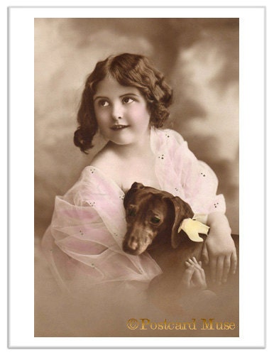 Girl With A Dachshund Vintage Postcard Image Greeting Card CE043