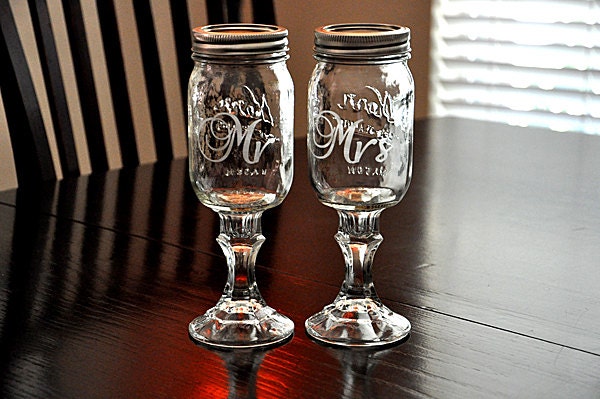 Wedding Redneck Wine Glass Mr and Mrs Toasting Mason Jar Hillbilly Wine Glasses