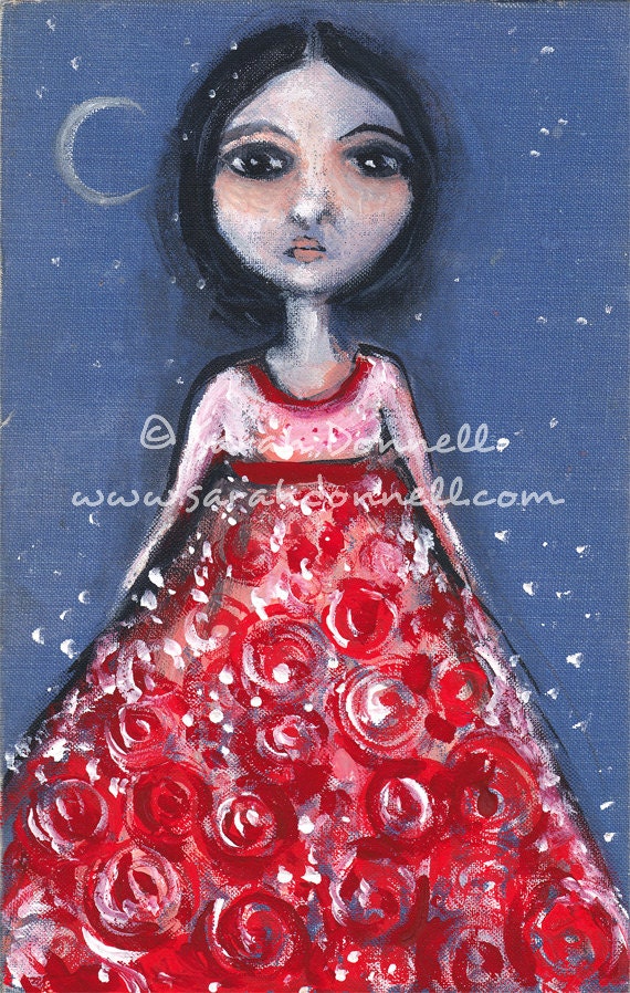 A3 Large Print Red Floral Dress Artwork Mixed Media Girl Painting Mix Media Original Woman Collage Wall Art Digital Stars Night- Moonshine