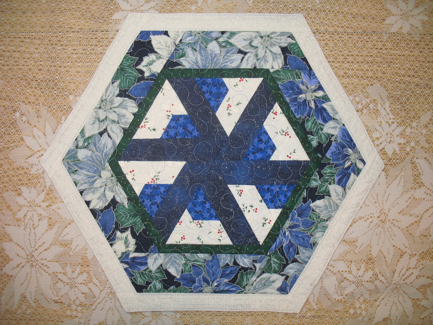 Table Topper - Blue Poinsettia Reversible - 126