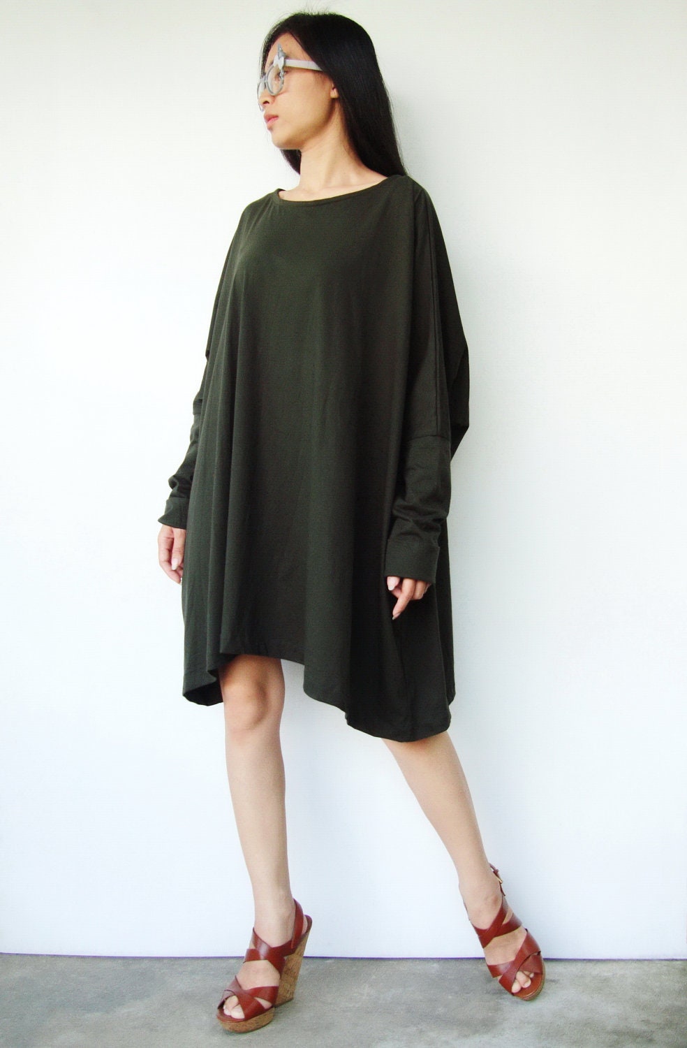 NO.62    Army Green Cotton Jersey Oversized T-Shirt Tunic Dress Plus Size Top