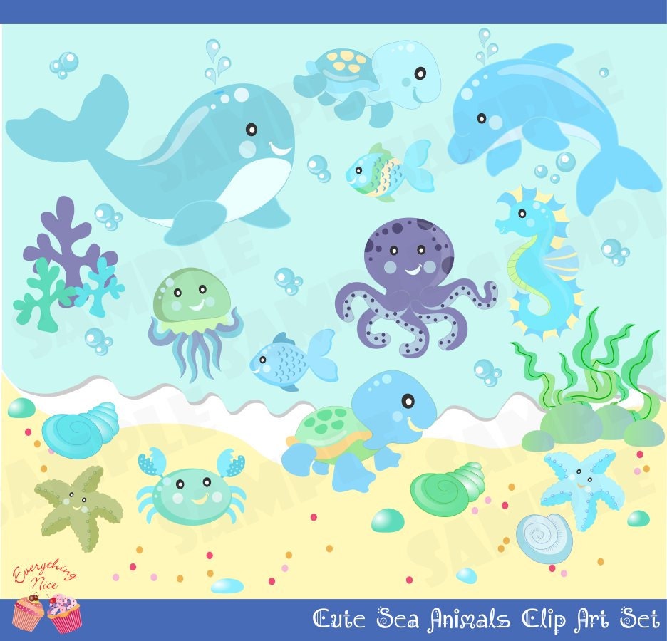 Cute Little Sea Animals Boy Clip Art Set