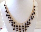 Black Pearl Gold Necklace 14K Gold Filled  Bib Fringe Dangles Pyrite Handmade Genuine Gemstone: "Midnight Cascade"