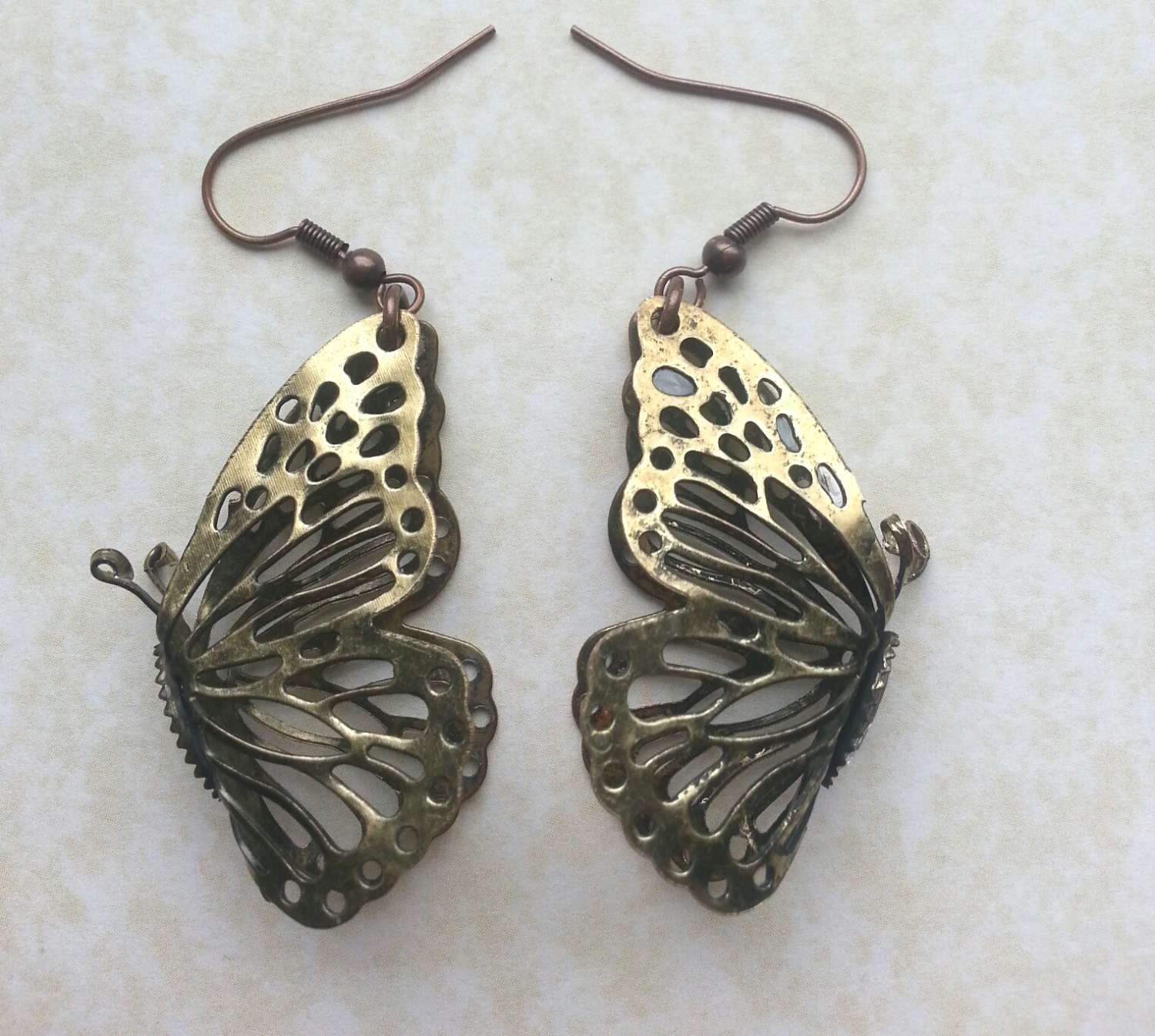 Brass Butterfly earring - Upcycled brass filigree butterflies with sparkly faux gems