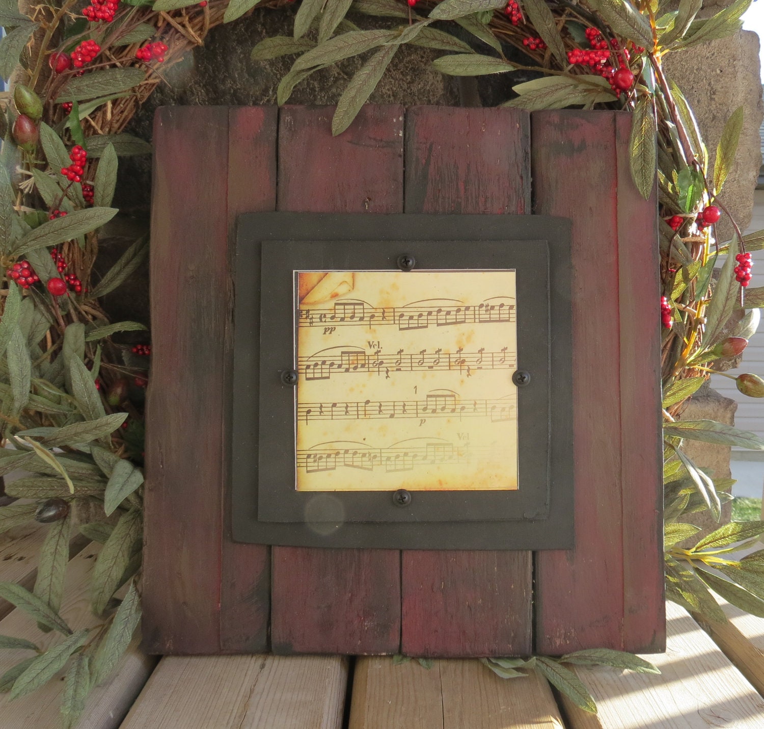 Distressed Wood Plank Photo Frame for 5X5 - Shabby, Cottage Chic, Rustic, Music Notes, Housewares, Wall Hanging, Ready to Ship
