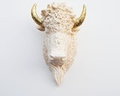 Faux Bison - The Kersey - Antique White Resin Bison Head w/Gold Glitter Horns- Buffalo Resin Antique White Faux Taxidermy- Chic & Trendy