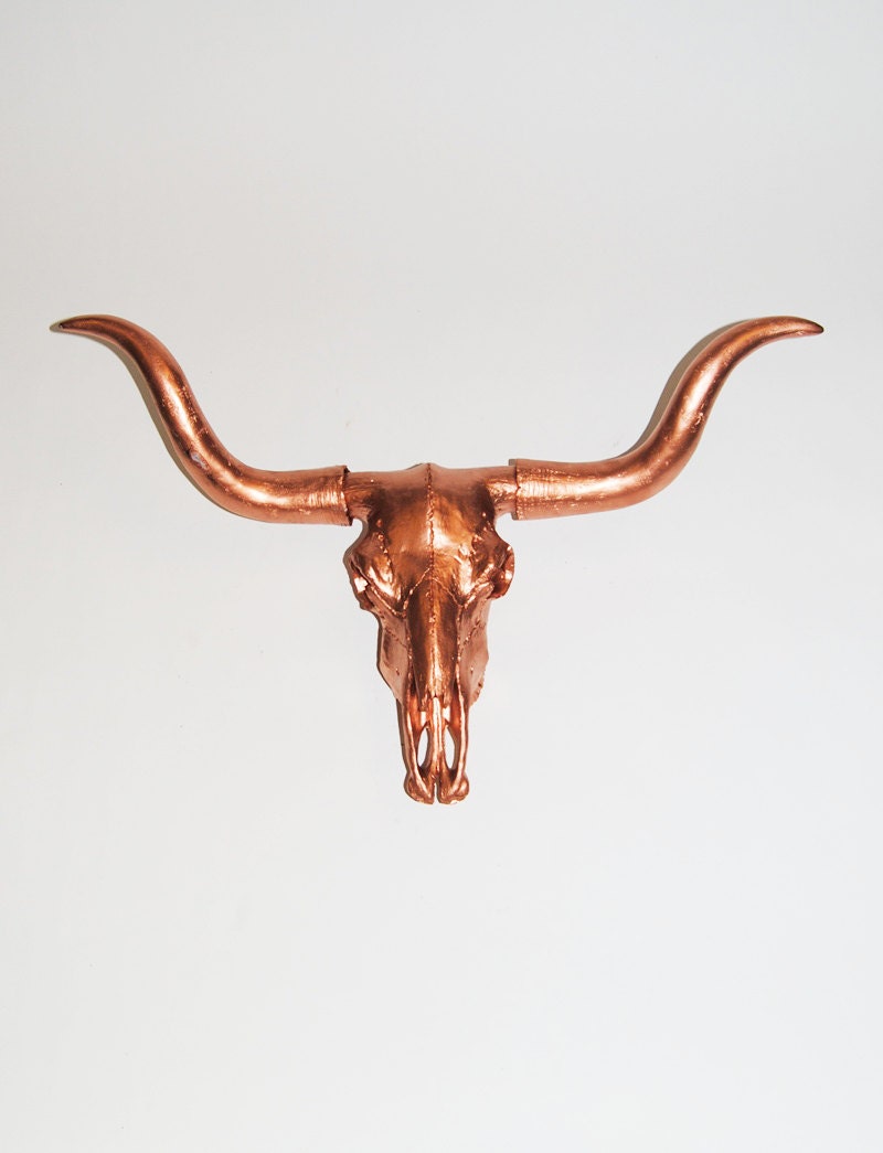 The Austin - Large Copper Resin Cow Skull Head- White Faux Taxidermy- Chic & Trendy
