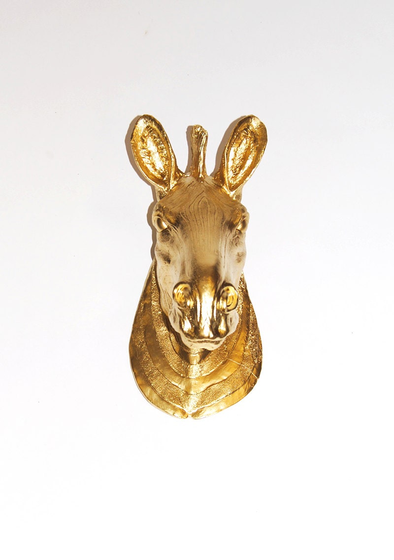 The Chevron - Faux Taxidermy - Gold Resin Zebra Head- Resin White Faux Taxidermy