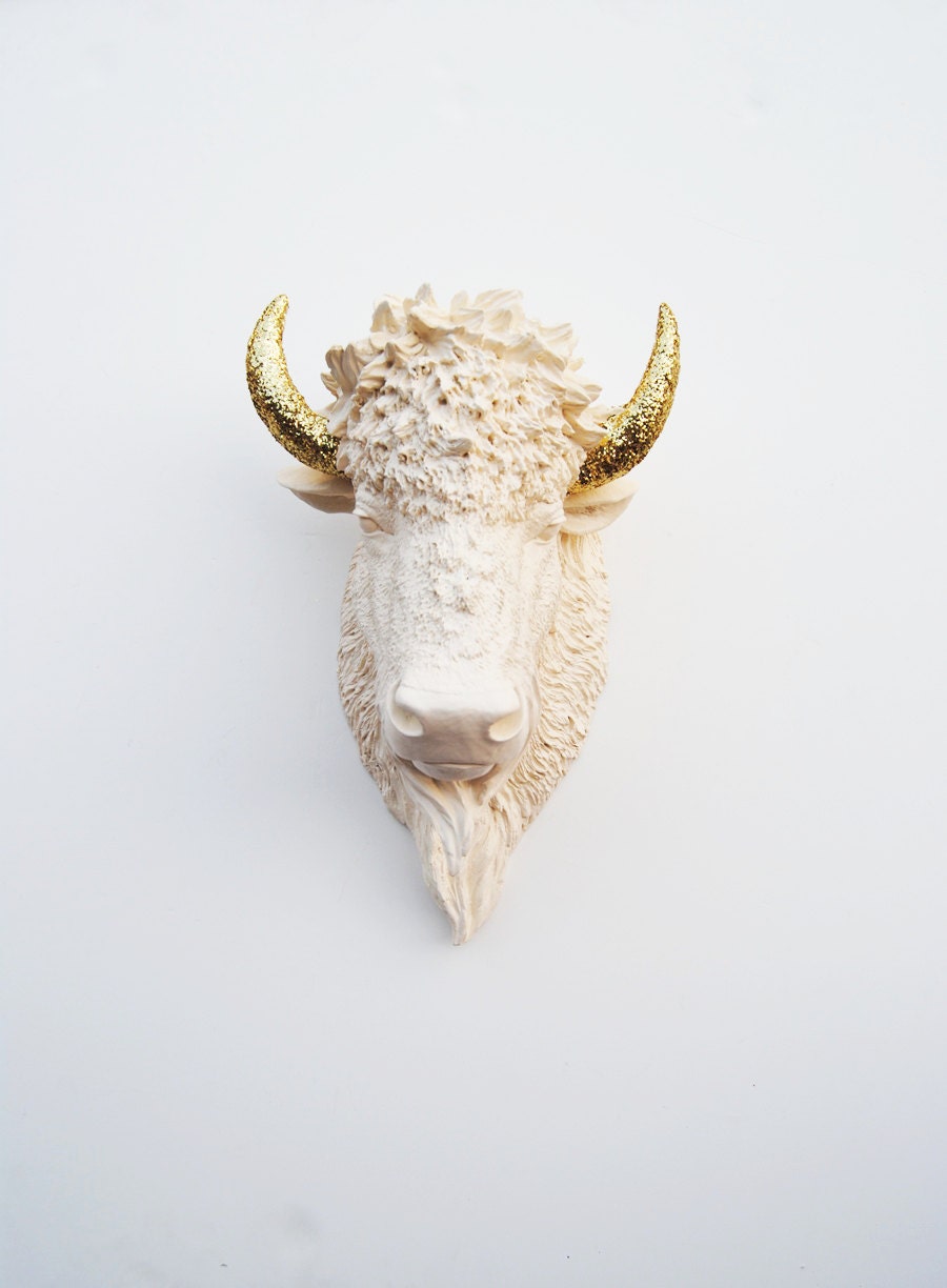Faux Bison - The Kersey - Antique White Resin Bison Head w/Gold Glitter Horns- Buffalo Resin Antique White Faux Taxidermy- Chic & Trendy