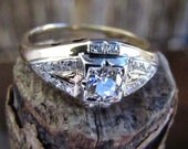 Art Deco Diamond : Euro Cut Diamond, 1.9 Carat t.w. 18K White and 14K Yellow Gold Engagement Ring, Wedding Band - 1920s 1930s Two Tone