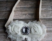 Vintage Wedding Garter or Headband with Ivory shabby flowers and a clear rhinestone center