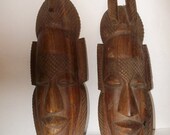 Mid Century African Carved Wood Masks 2/ Old Wooden TRIBAL Art/ Vintage Figurative AFRICAN Carved FACES/ Shield Shaped