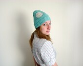 Vintage Lace and Blue Handknit Bamboo/Wool Beanie