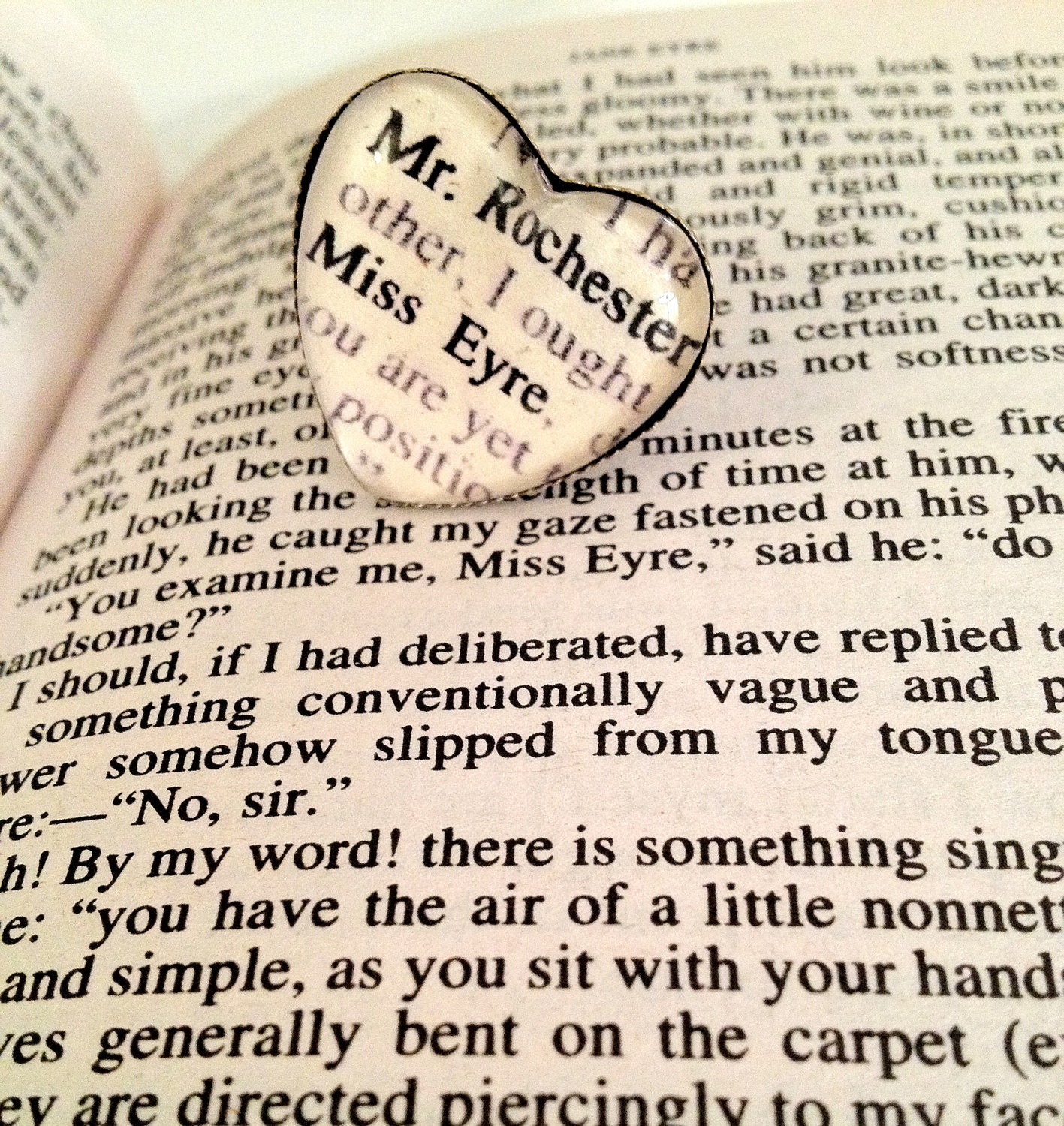 Jane Eyre and Mr Rochester Antiqued Bronze Adjustable Book Page Heart Ring Charlotte Bronte