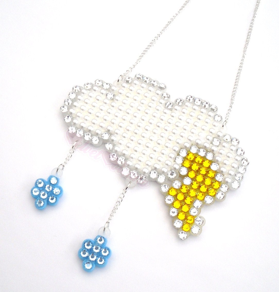 Storm Cloud  - Crystal / Pearl Encrusted Storm Cloud with Raindrops & Lightning - Super Sparkly and Cute Weather Inspired