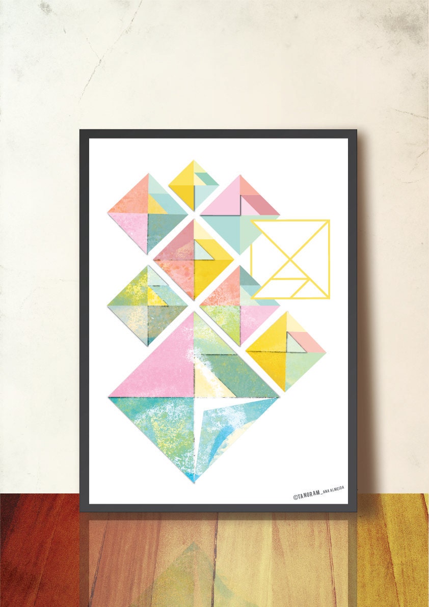 Geometric Art TANGRAM, Abstract Wall Decor, A3 Geometric Poster, Scandinavian design inspired, Home Office Decor. Spring Pastel tones