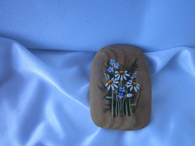 Wooden Brooch-Pin in a Brown Tone with tiny Wild Flowers- Womens Jewelry- Accessories