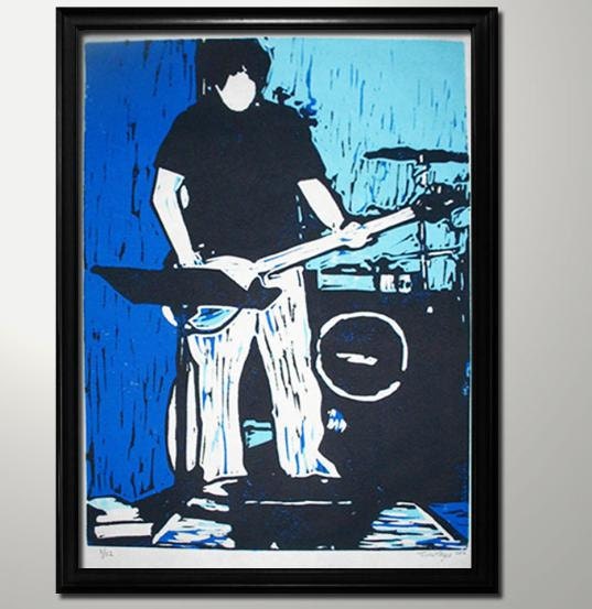 Bass player hand pulled multiple colors single-block reduction linocut  print
