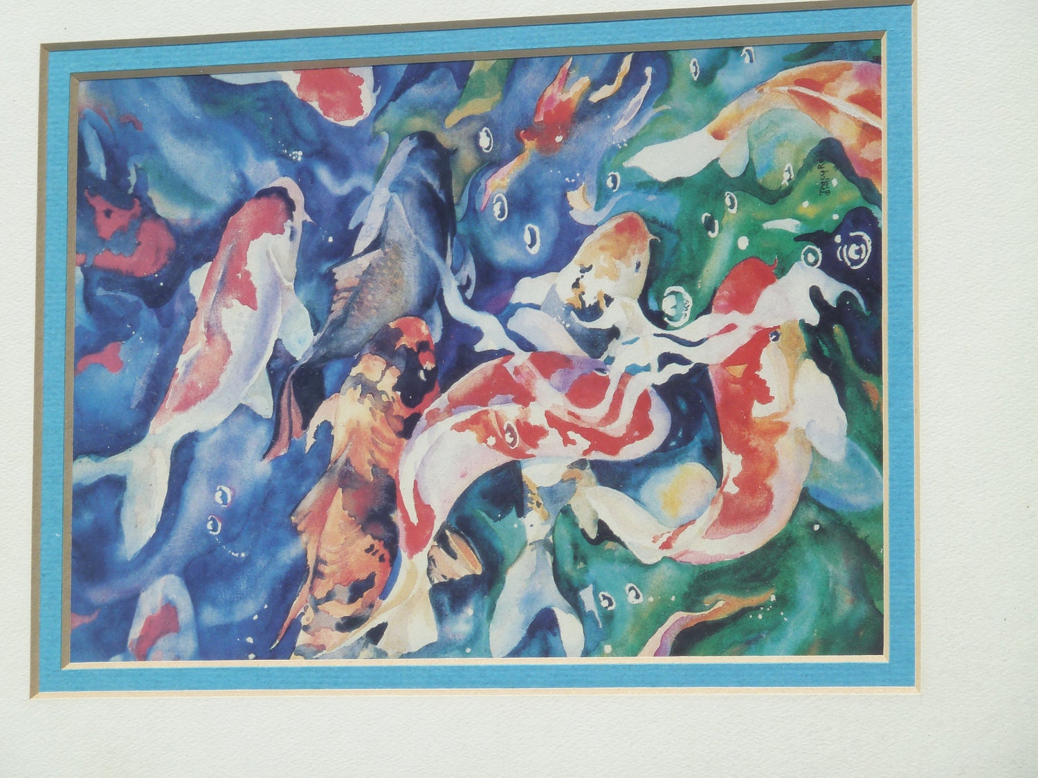 Vintage 80s Art Print of Vibrantly Painted Japanese Koi Pond Teaming with Bright Fish Movement Joy Nature Captured on Paper