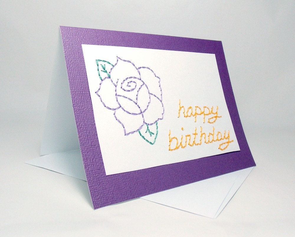 Rose Birthday Card Hand Embroidered Feminine Happy Birthday Greeting Card Customizable choose your colors