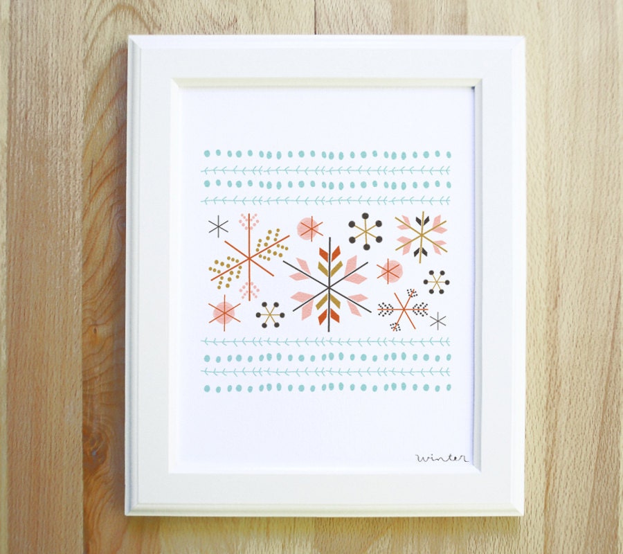 winter art print 8 x 10 snow flakes pattern and tribal print illustration in spring colors with white background - littlelow