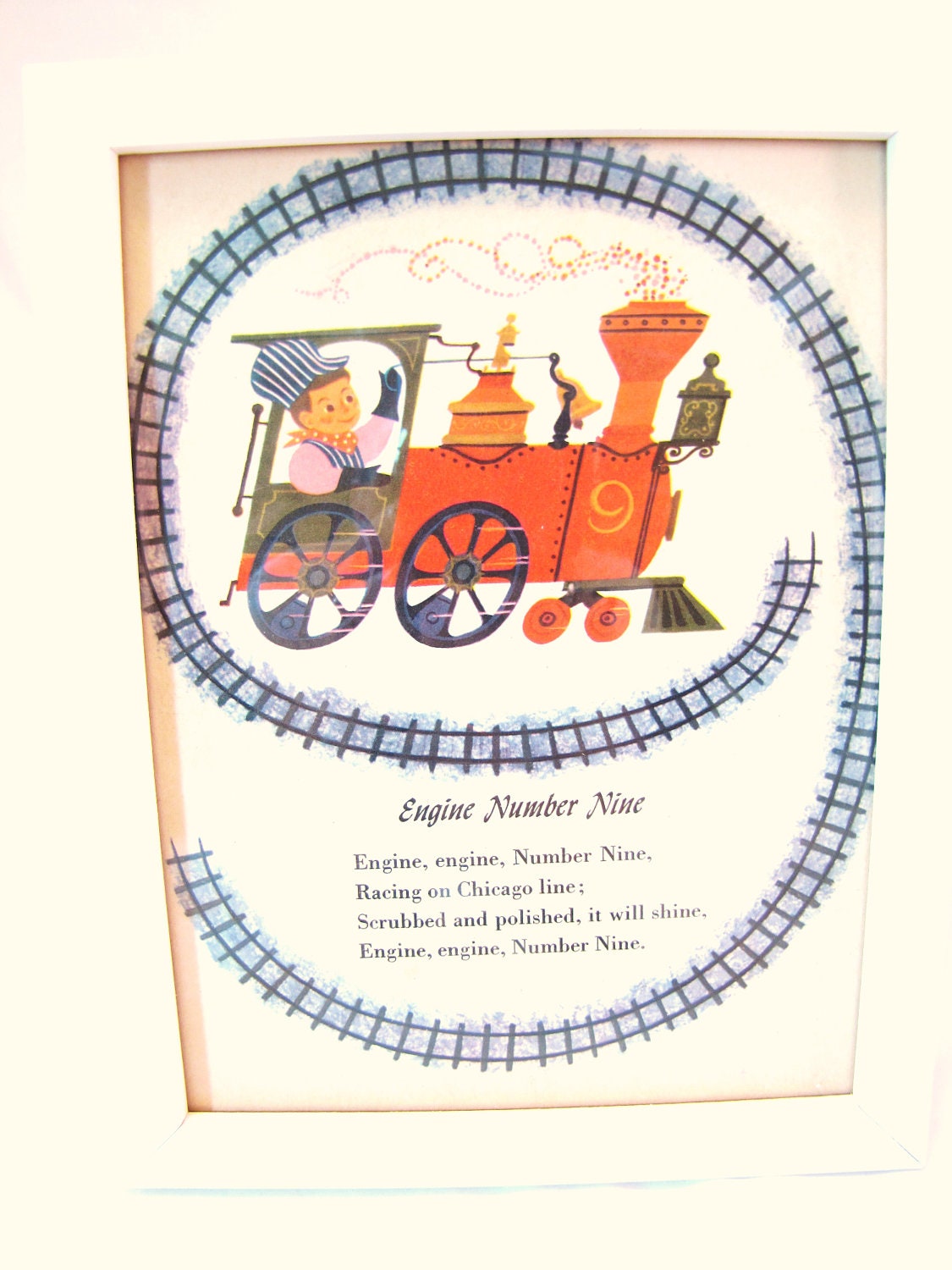 Retro Nursery Decor. Train. Art print. Upcycled. Rhymes in frame. Shabby Chic. Vintage. Baby
