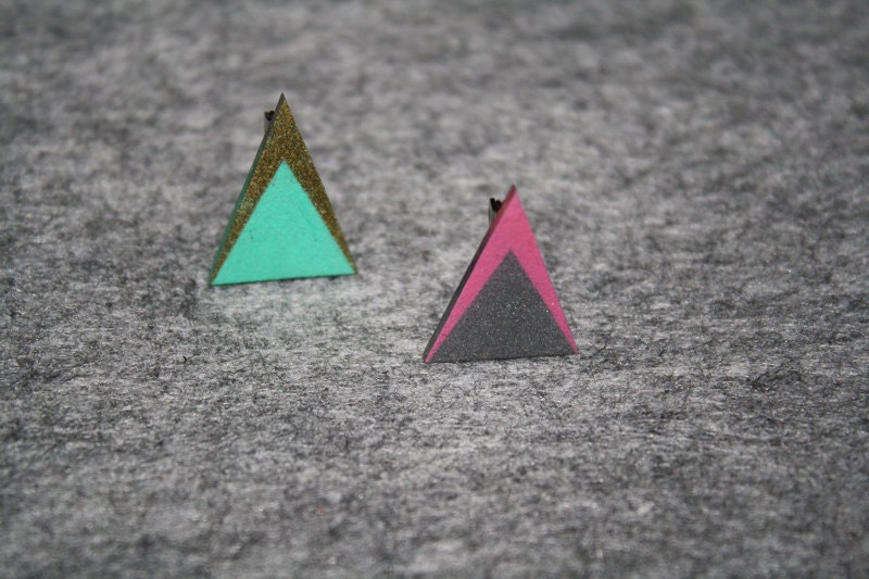 Two triangle brooches, hand drawn on shrinky plastic