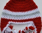 Scarlet, Grey and White Earflap Football Hat, Team Color Hat, Crochet Baby Scarlet, Grey and White Hat - Custom Order in your choice of size