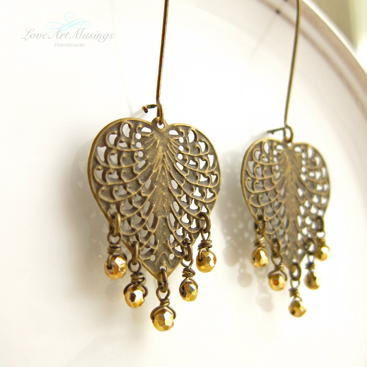 Gold Pyrite Chandelier Earrings - Filigree Leaf Gemstones Dangle Earrings, Bohemian Chic, Long Earrings, Exotic