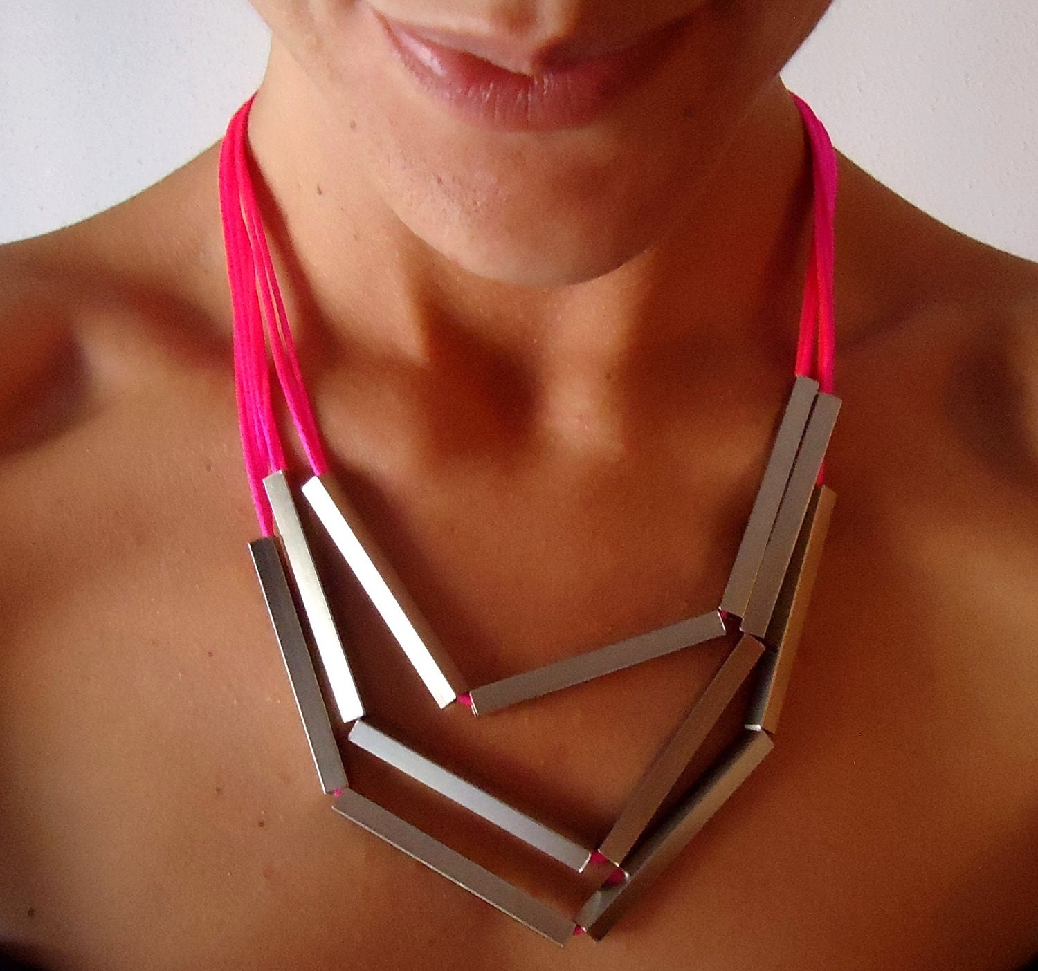 Neon Necklace - Silver Brass Square Tube/ Pink Neon Cord