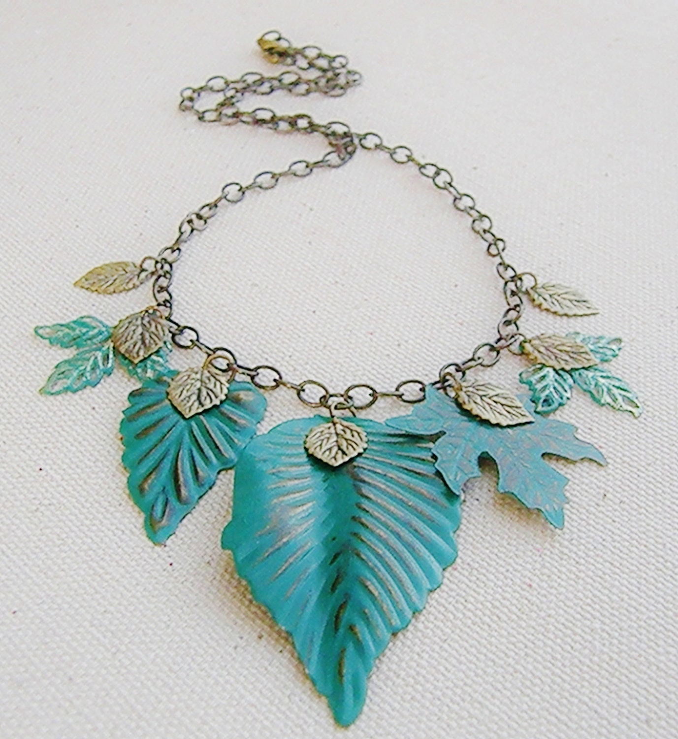 Turquoise Patina Leaf Necklace Nature Inspired Necklace Leaf Jewelry Green Necklace - KRMjewel